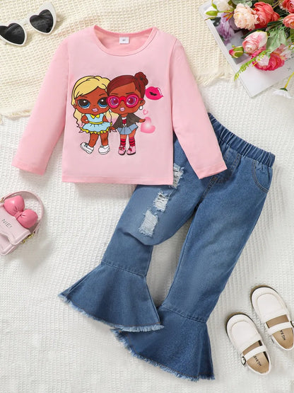 Children's Round Neck Graphic Top and Pants Set Blush Pink