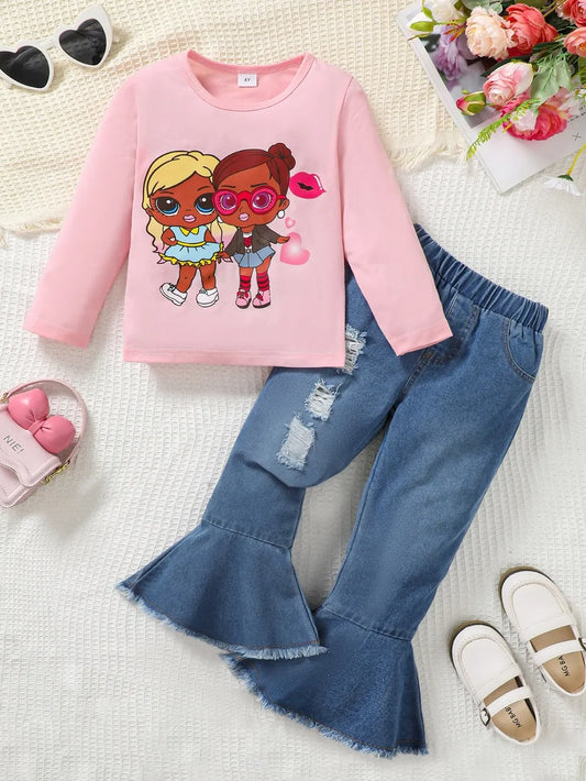 Children's Round Neck Graphic Top and Pants Set Blush Pink