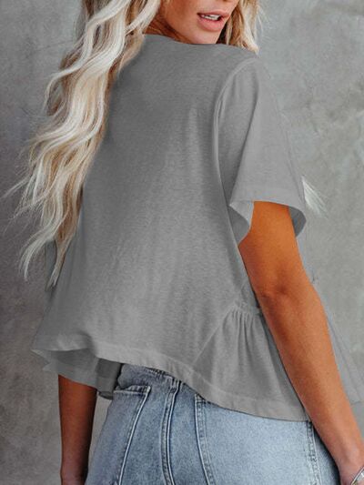 Tied Plunge Short Sleeve Blouse Gray