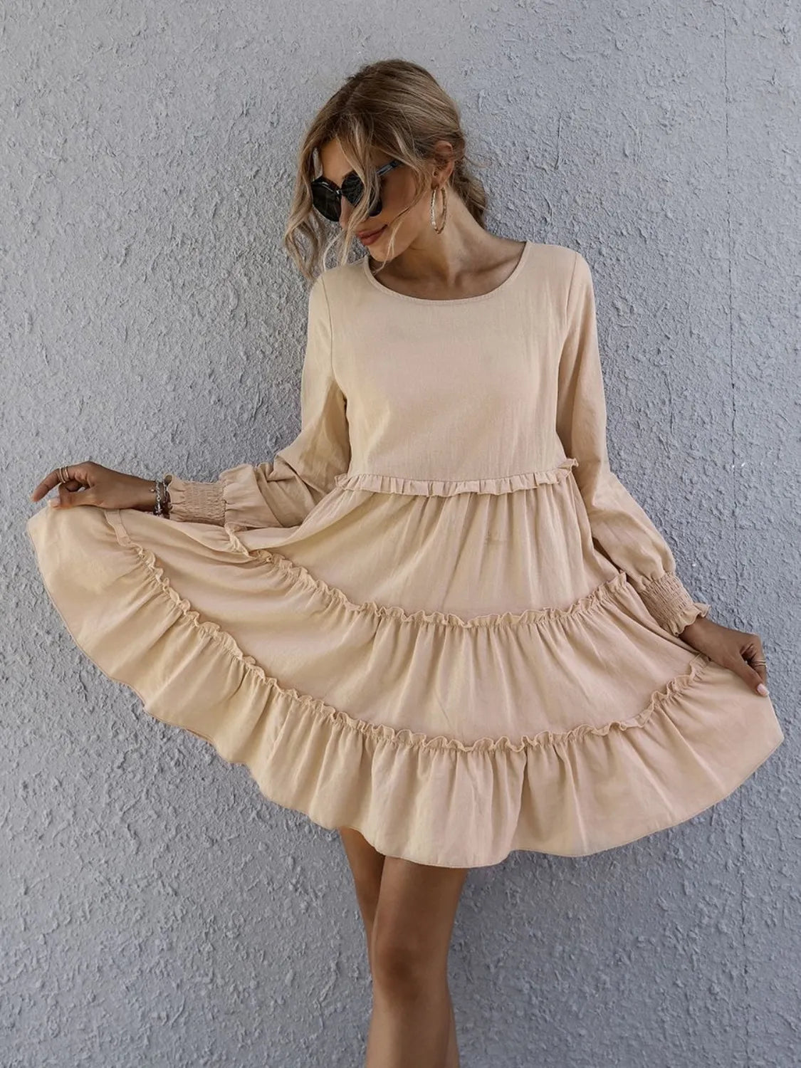 Frill Tiered Long Sleeve Mini Dress Tan