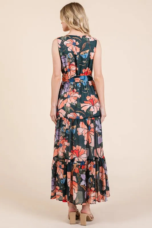 Lime 'N' Chili Floral Print Sleeveless Tie Waist Maxi Dress