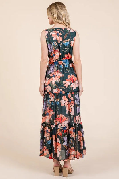 Lime 'N' Chili Floral Print Sleeveless Tie Waist Maxi Dress