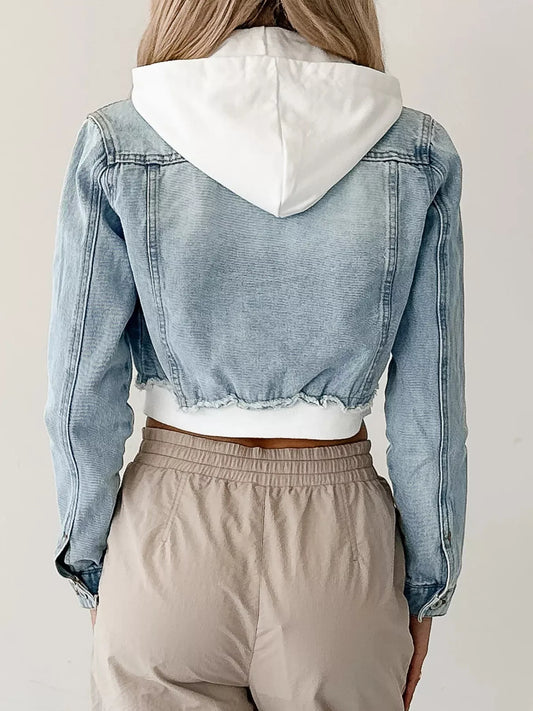 Distressed Zip Up Cropped Hooded Denim Jacket