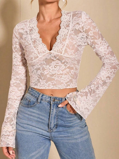 V-Neck Flare Sleeve Lace Top White