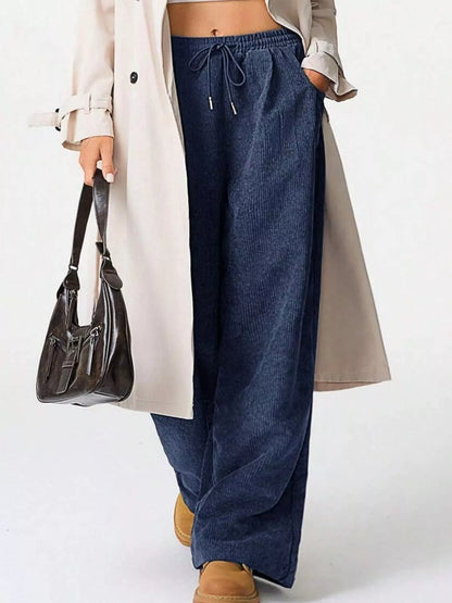 Wide Leg Corduroy Drawstring Pants Blue