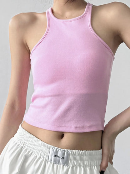 Ribbed Round Neck Crop Tank Top Pink One Size