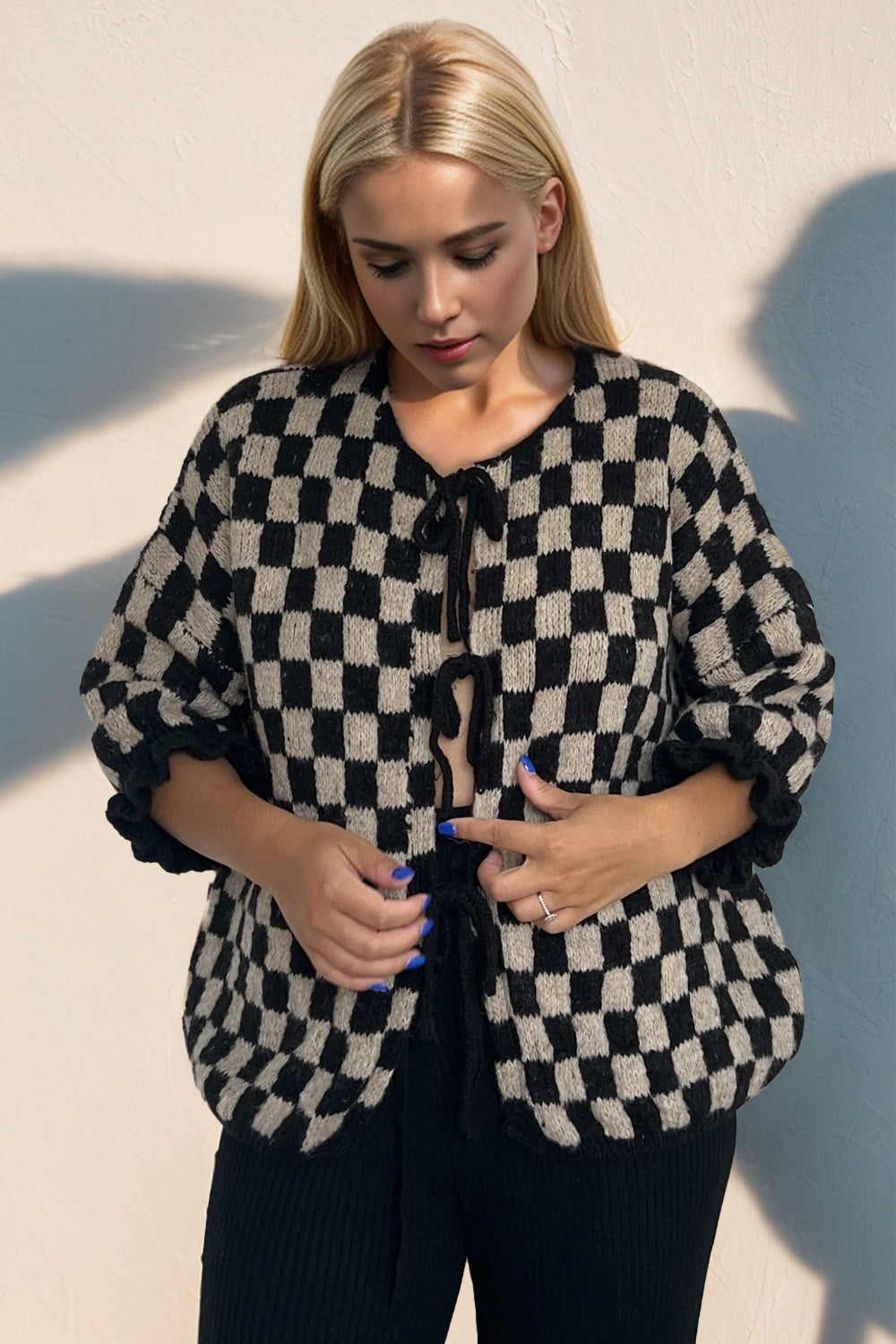 Back To School Sweater - Double Take Tied Checkered Dropped Shoulder Flounce Sleeve Cardigan Black
