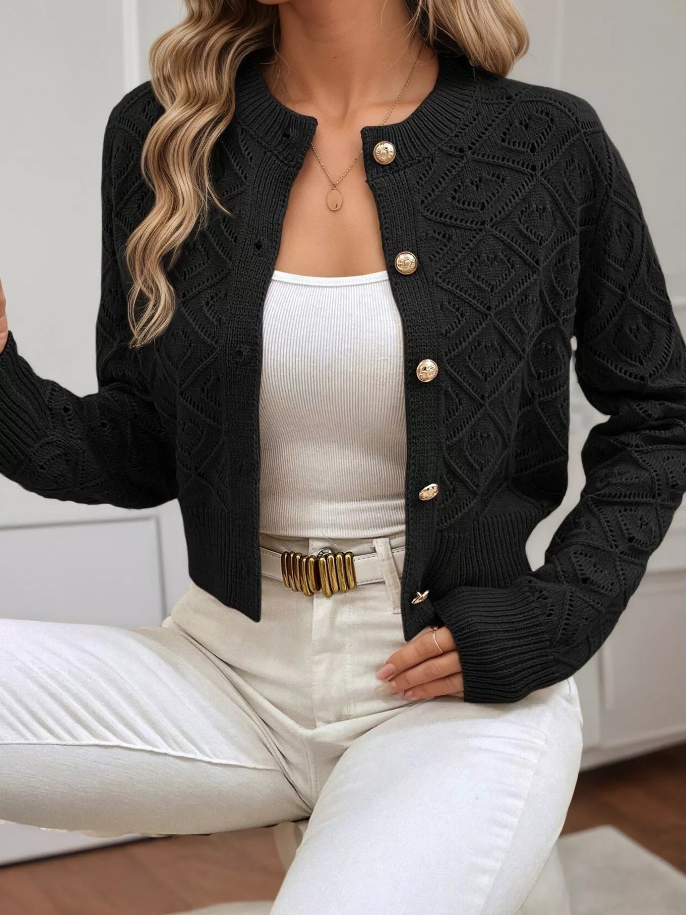 Openwork Button Up Long Sleeve Cardigan