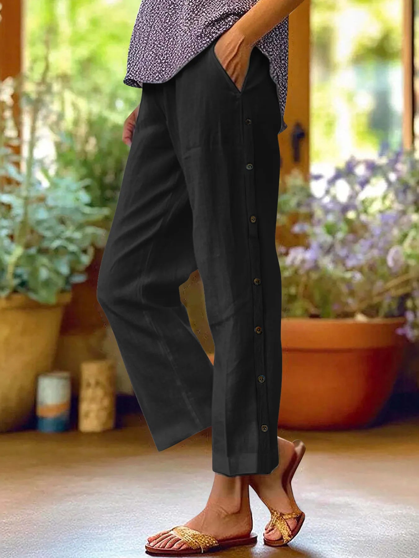 Full Size Side Decor Button Casual Wide Leg Pants Plus Size Black