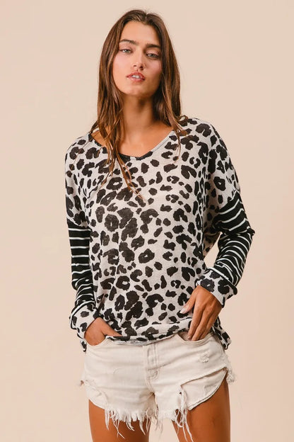 BiBi Leopard Hacci Knit Twist Back Top With Stripe Sleeve