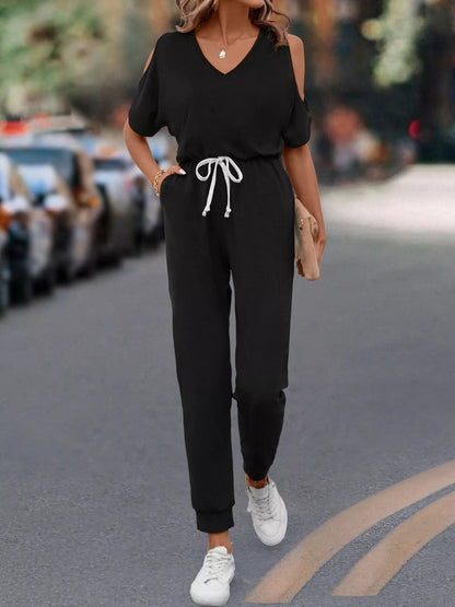 Cold Shoulder V-Neck Drawstring Waist Jumpsuit Black