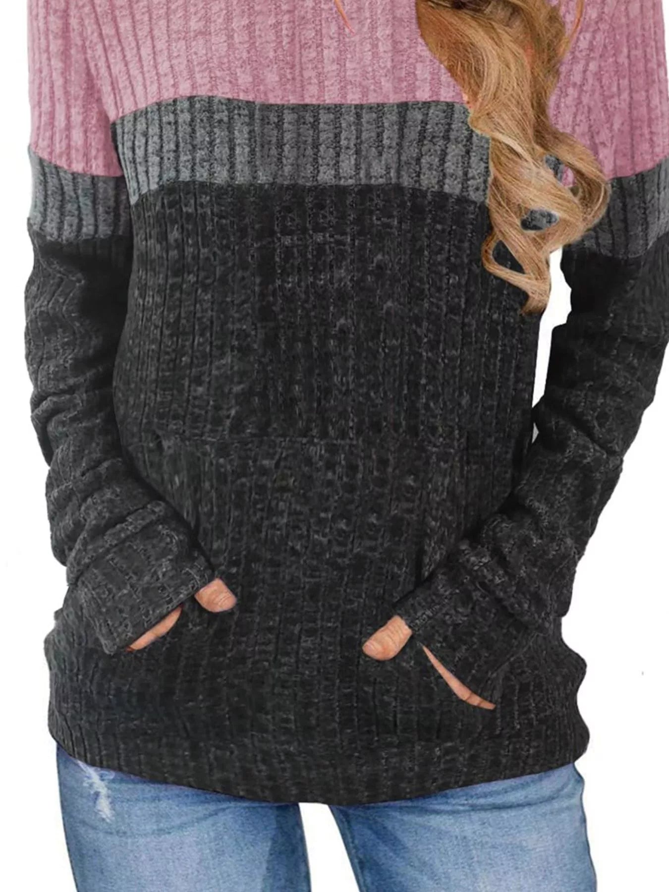 Full Size Color Block Ribbed Knit Hoodie Plus Size