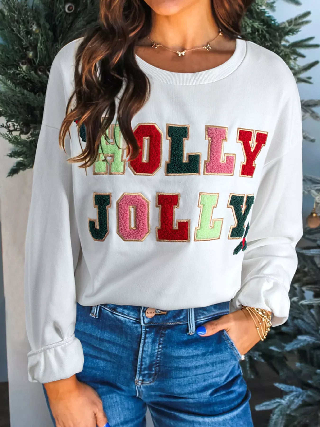 HOLLY JOLLY Embroidered Round Neck Sweatshirt White