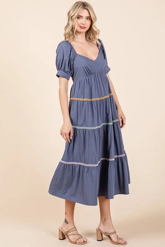 Lime 'N' Chili Trim Detail Puff Sleeve Tiered Maxi Dress