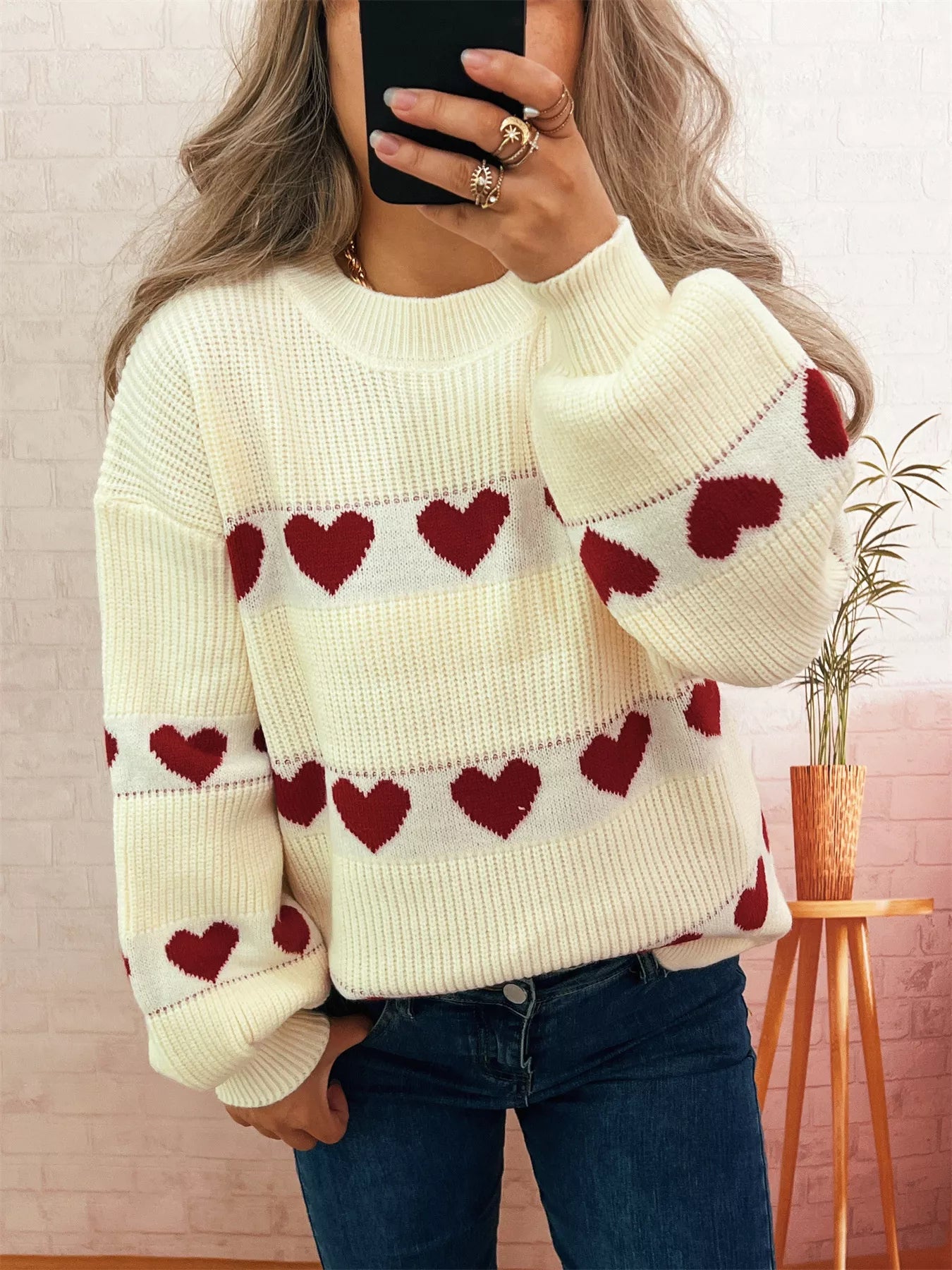 Heart Pattern Dropped Shoulder Sweater