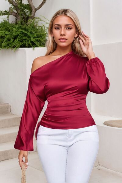 Drawstring One Shoulder Long Sleeve Blouse Deep Red