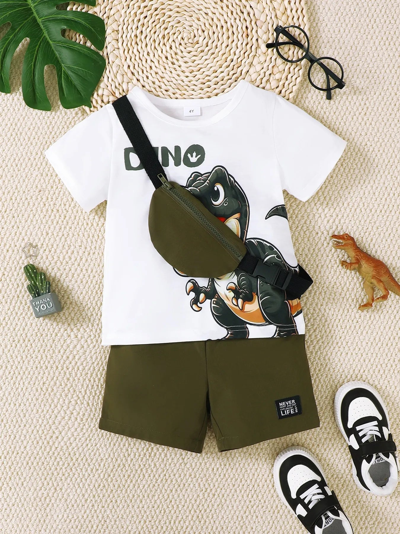Children's Dinosaur Round Neck Top and Pants Set with Crossbody Bag
