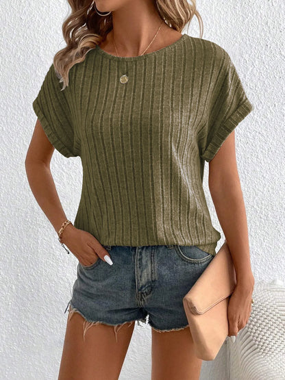 Plus Size Ribbed Texture Short Sleeve T-Shirt Military Green