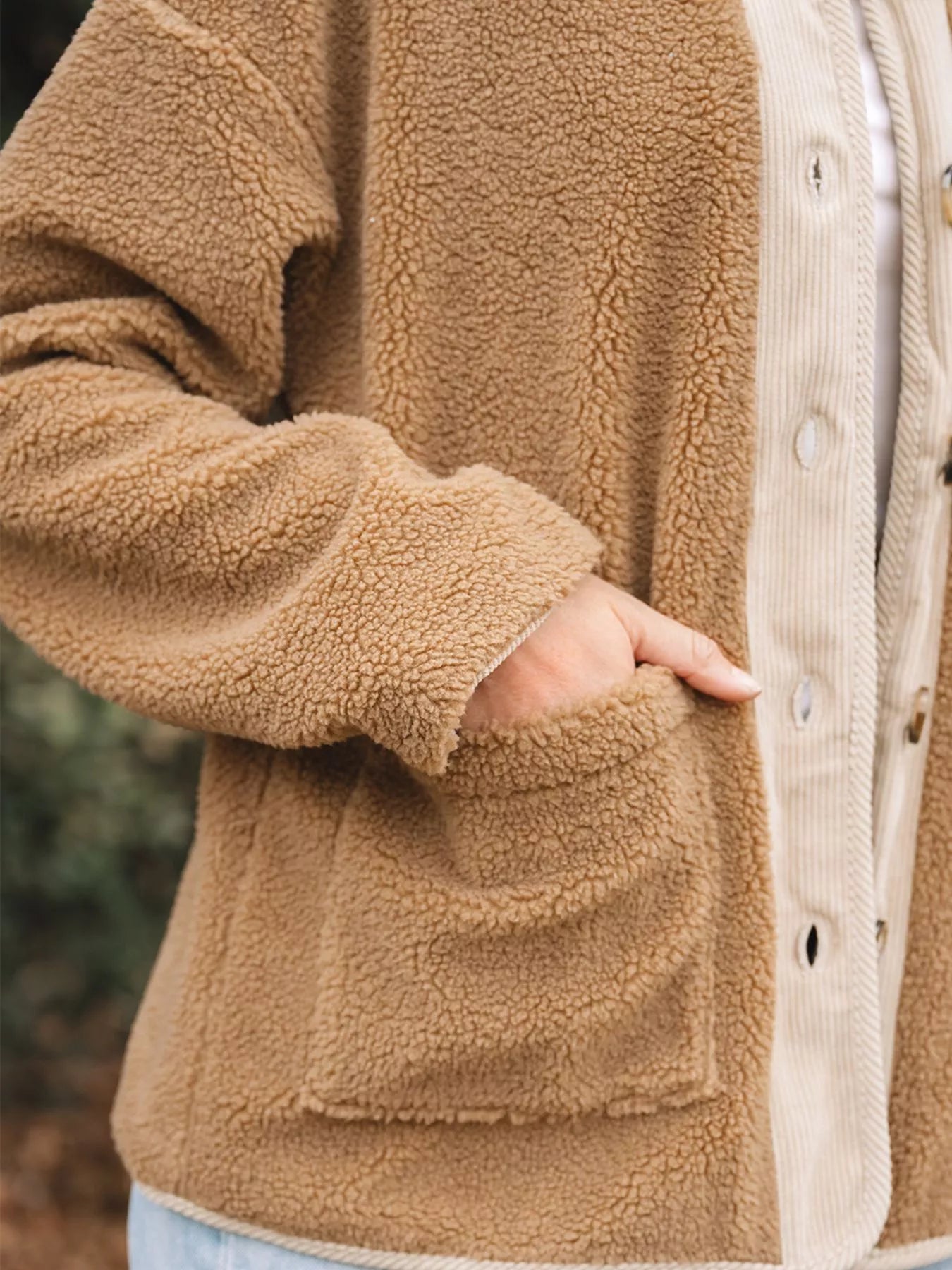 Puffy Plush Corduroy Edge Patchwork Jacket with Pockets