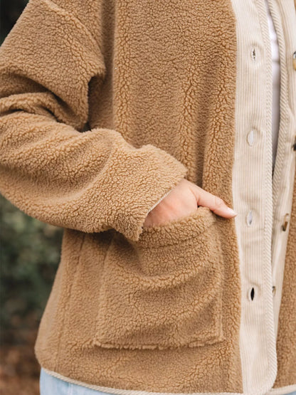 Puffy Plush Corduroy Edge Patchwork Jacket with Pockets