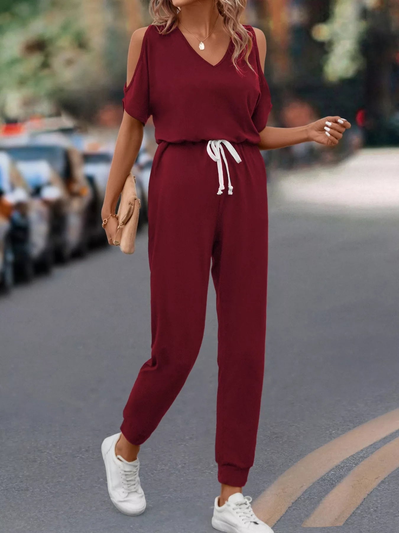Cold Shoulder V-Neck Drawstring Waist Jumpsuit