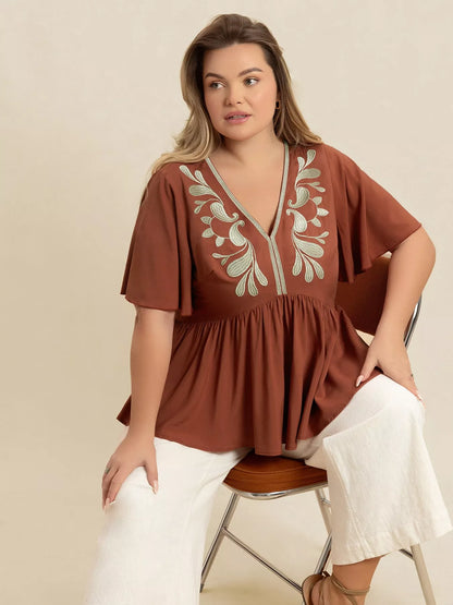 Plus Size Embroidered V-Neck Flutter Sleeve Blouse