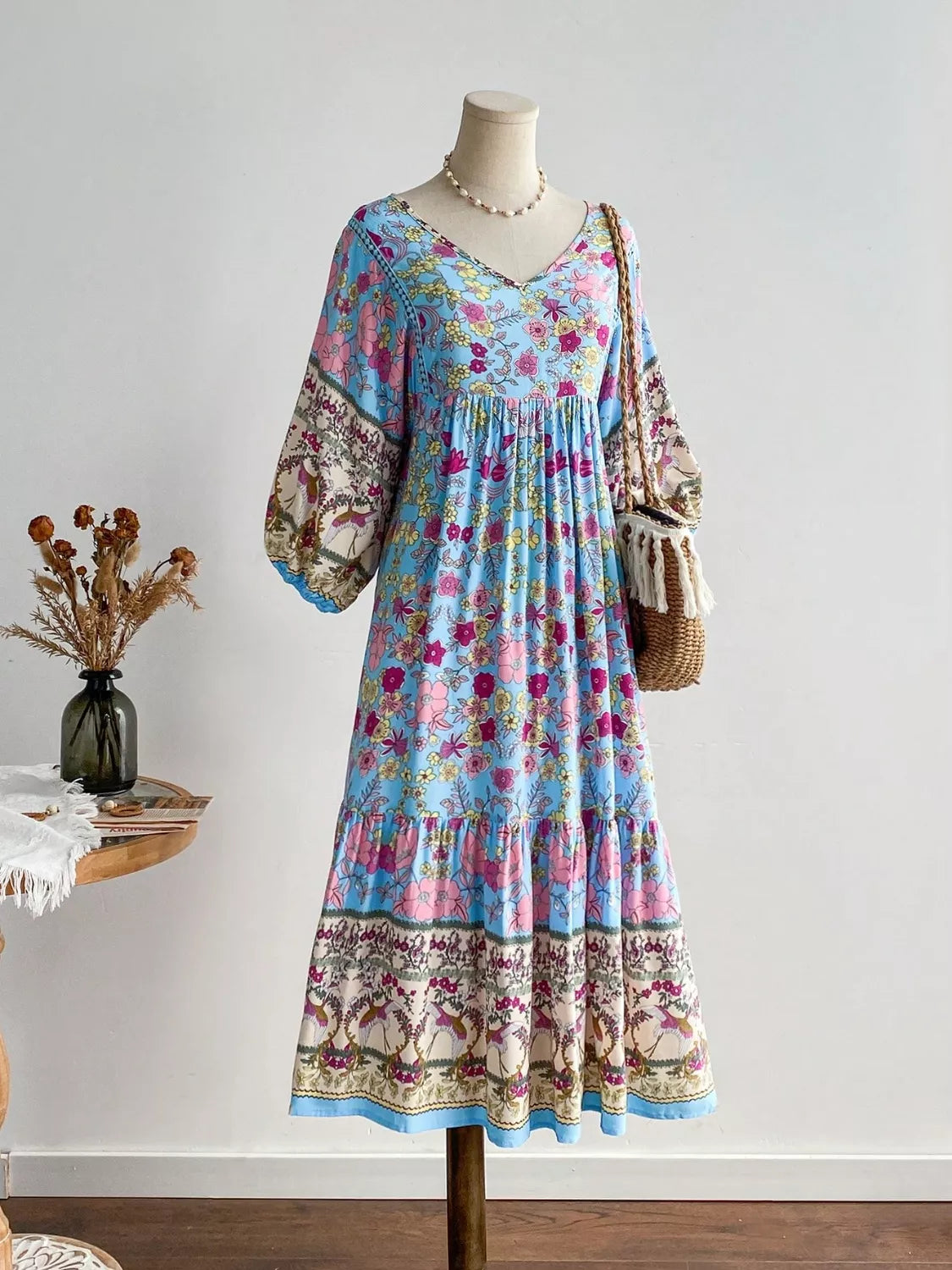 Plus Size Floral Print V-Neck Dress