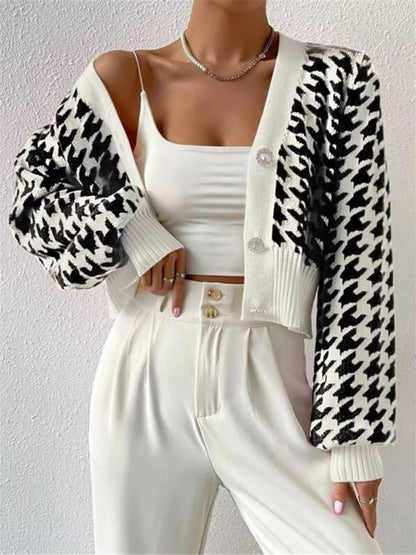 Houndstooth V-Neck Button Up Cardigan