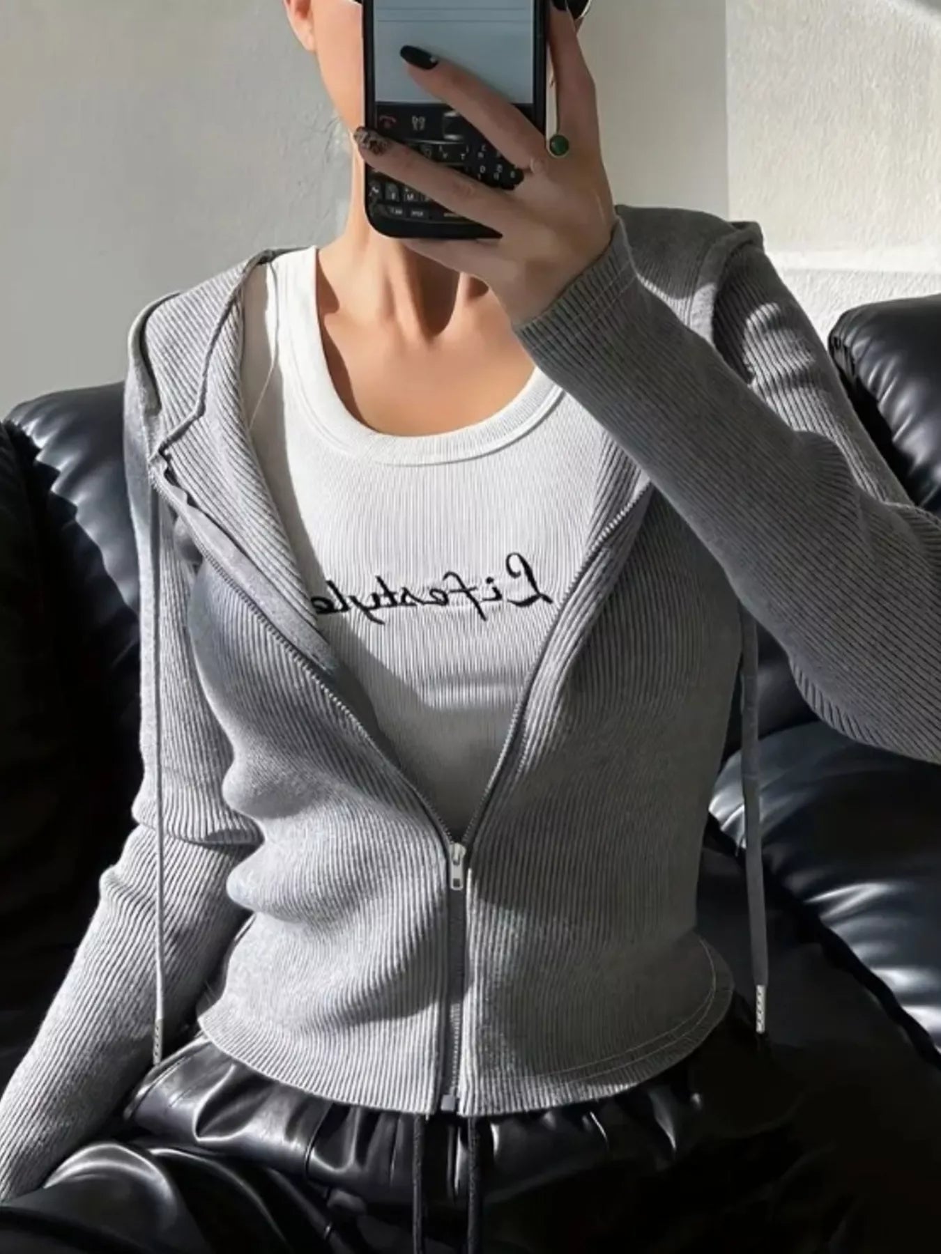 Ribbed Knit Zip-Up Hooded Cardigan