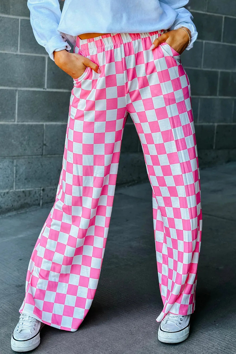 Checkered Wide Leg Pants Fuchsia Pink