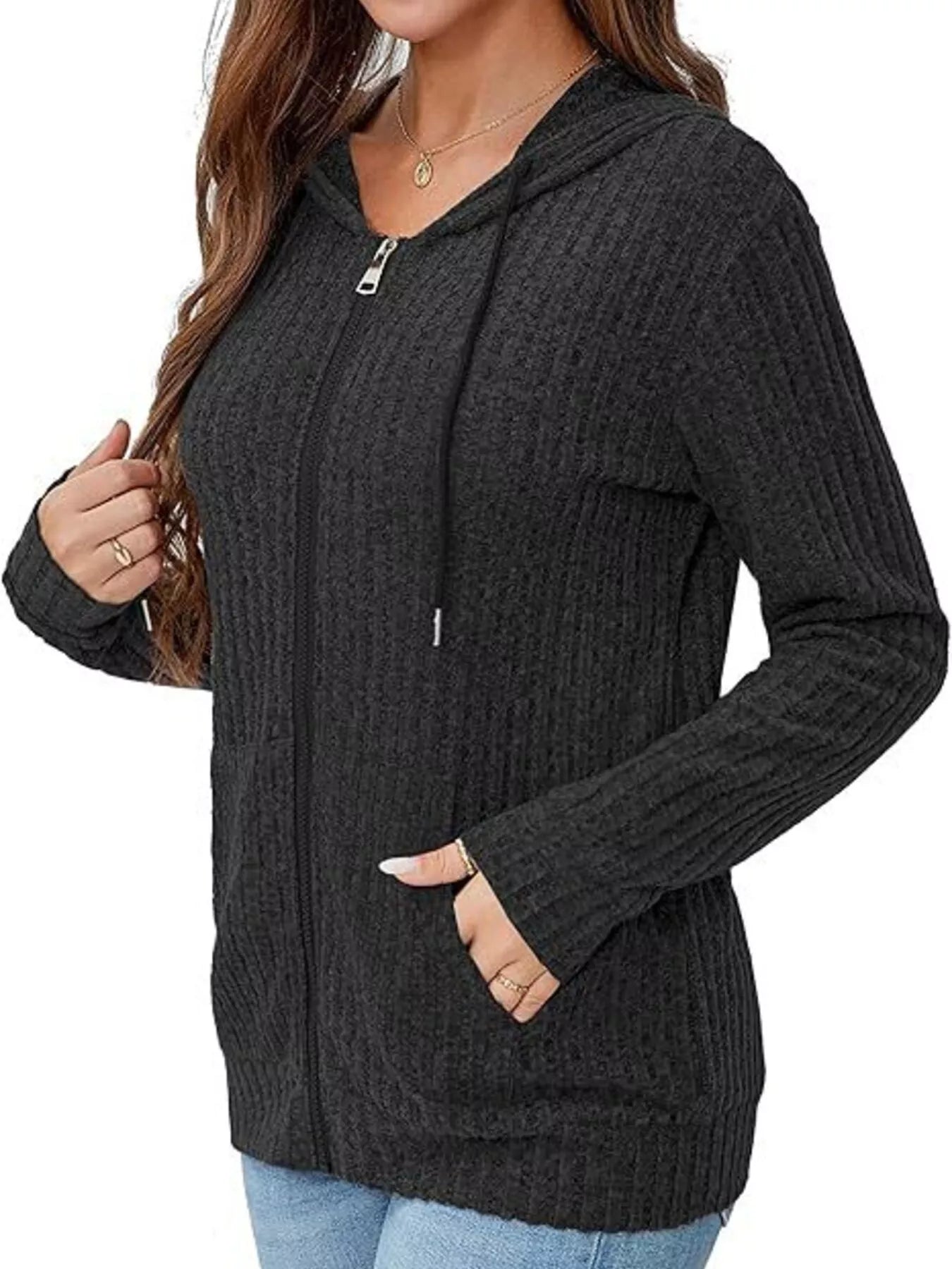 Ribbed Zip Up Hooded Outerwear Black