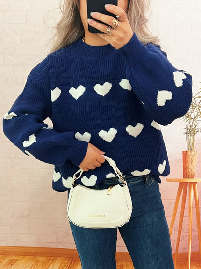 Heart Pattern Dropped Shoulder Sweater Navy One Size