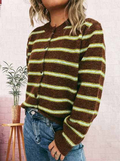 Striped Button-Up Long Sleeve Cardigan