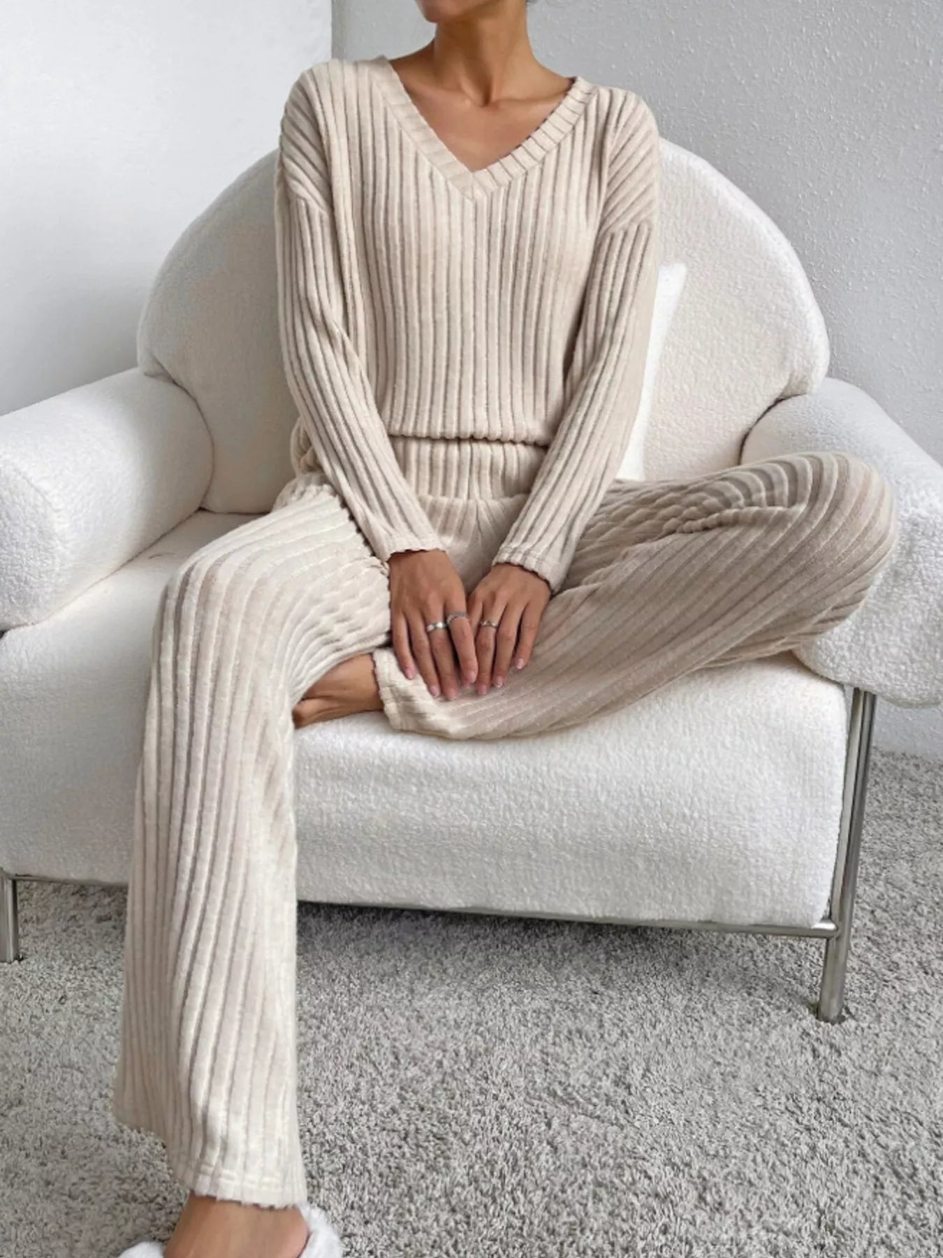 Ribbed Knit Long Sleeve Top and Pants Set