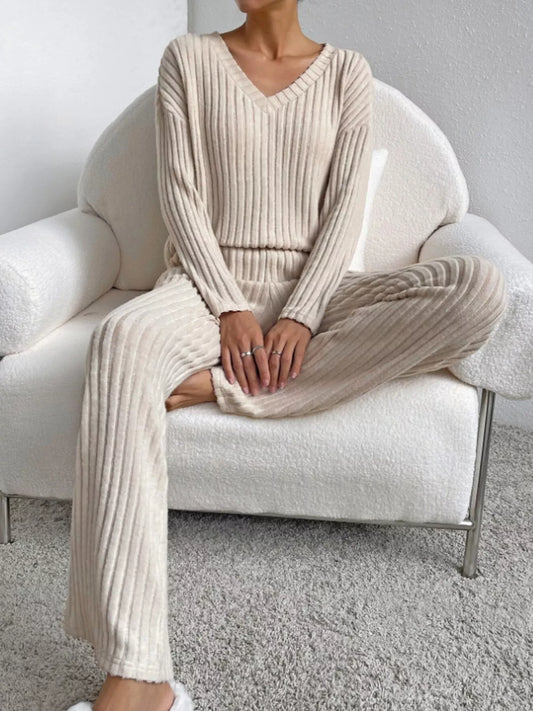 Ribbed Knit Long Sleeve Top and Pants Set