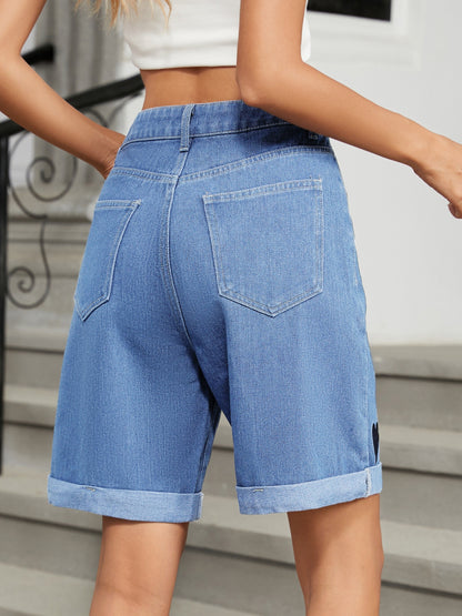 Heart-Pattern Rolled Hem Denim Shorts