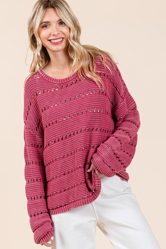 Back To School Sweater - Mittoshop Openwork Round Neck Drop Shoulder Sweater