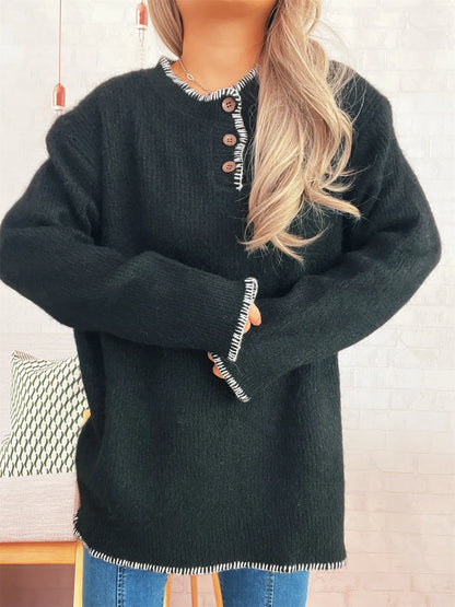 Ribbed Button Detail Long Sleeve Sweater