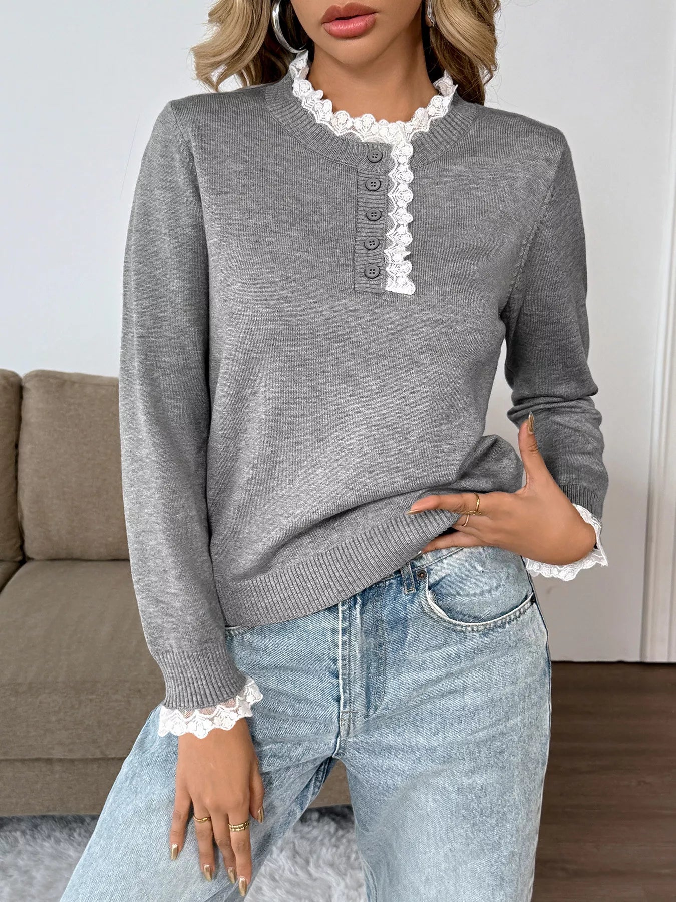 Lace Trim Button Detail Long Sleeve Knit Top