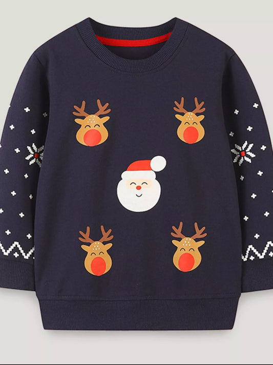 Children's Christmas Reindeer & Santa Round Neck Sweatshirt Black