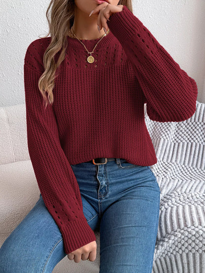 Openwork Round Neck Long Sleeve Sweater Burgundy