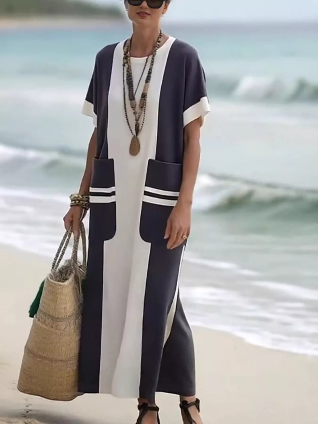 Full Size Color Block Short Sleeve Dress with Pockets Plus Size