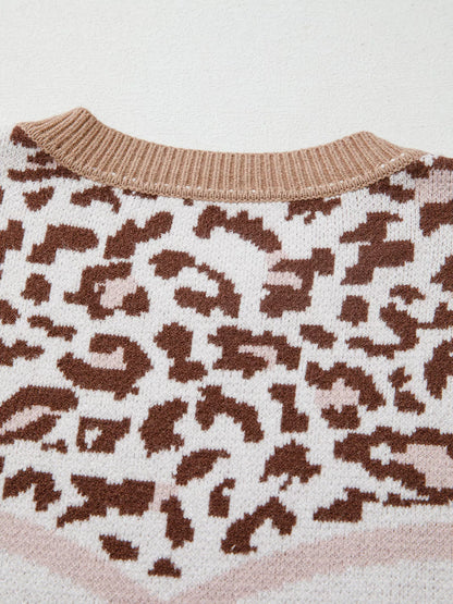 Leopard Color Block Knit Round Neck Baggy Sweater