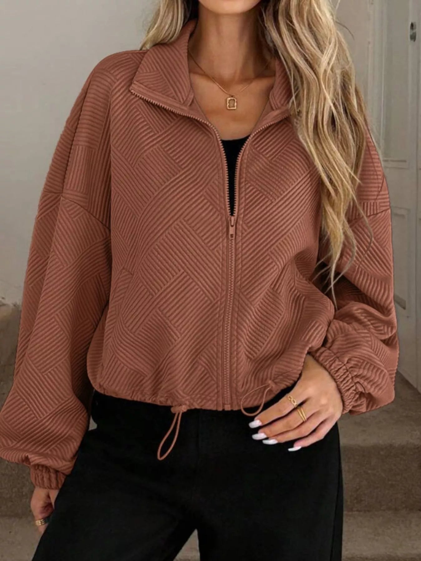 Textured Zip-Up Drawstring Hem Jacket Burgundy