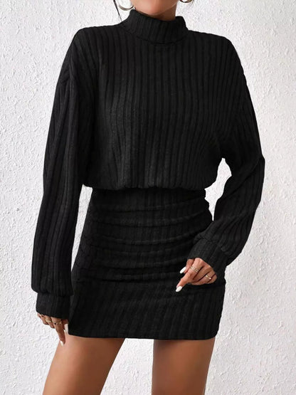 Ribbed Turtleneck Long Sleeve Sweater Dress Black
