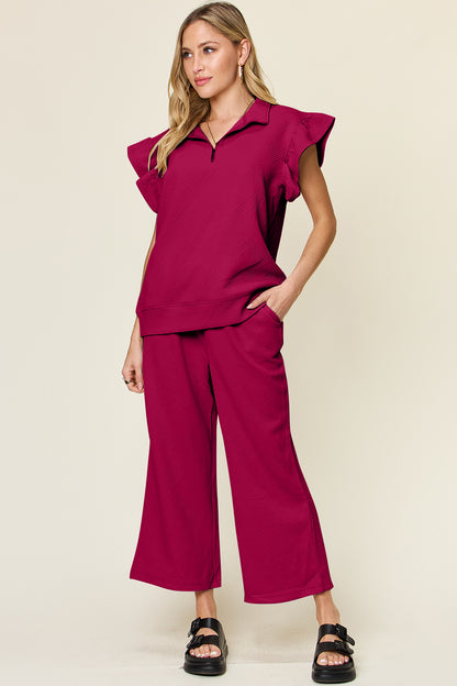 Textured Ruffle Top & Drawstring Wide Leg Pants Set Deep Rose