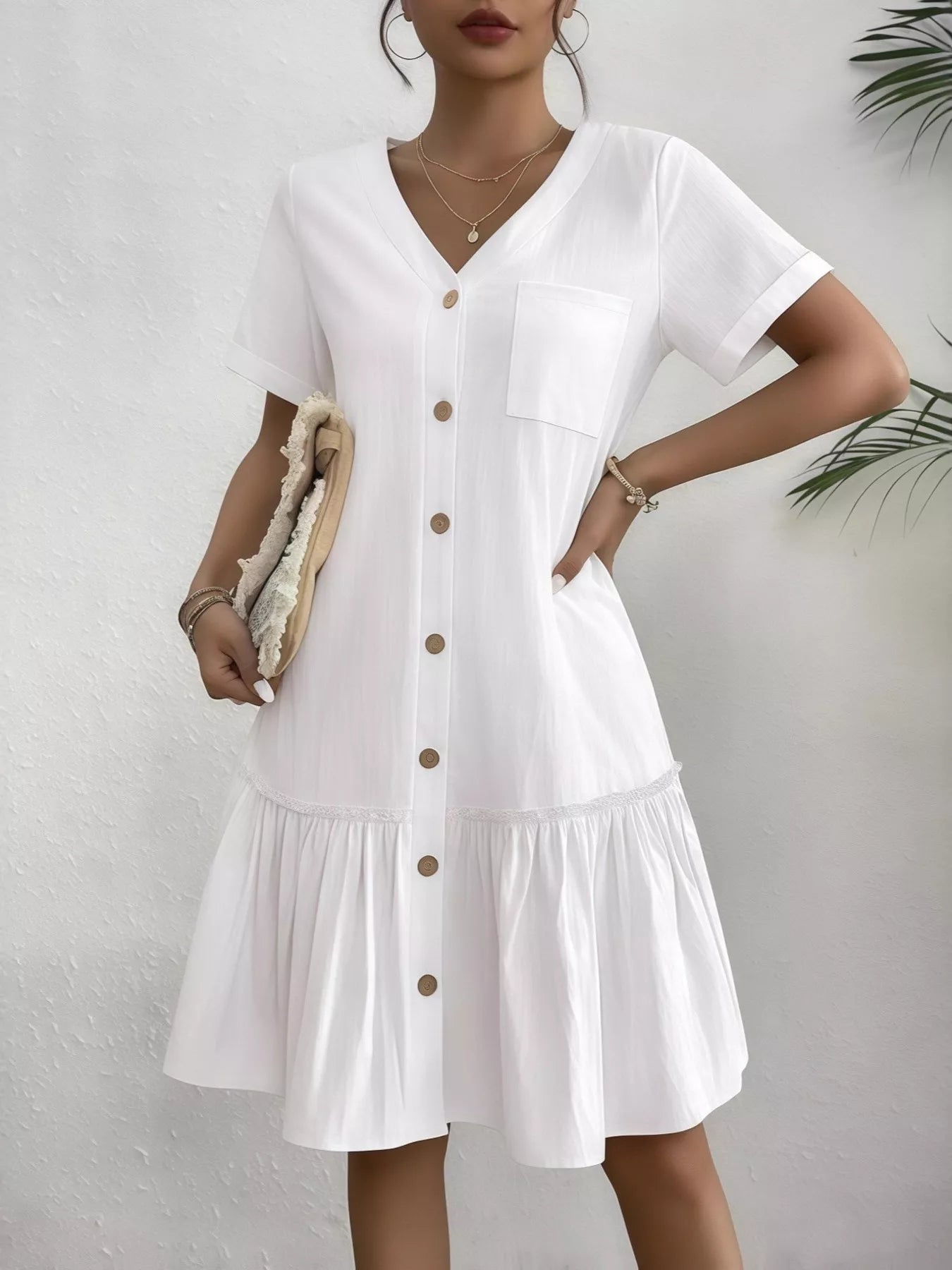 Full Size Button-Front Short Sleeve Tiered Dress Plus Size White