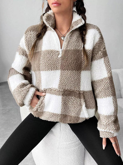 Full Size Plaid Sherpa Long Sleeve Sweatshirt Plus Size