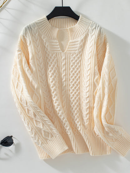 Cable-Knit Notched Long Sleeve Sweater Tan