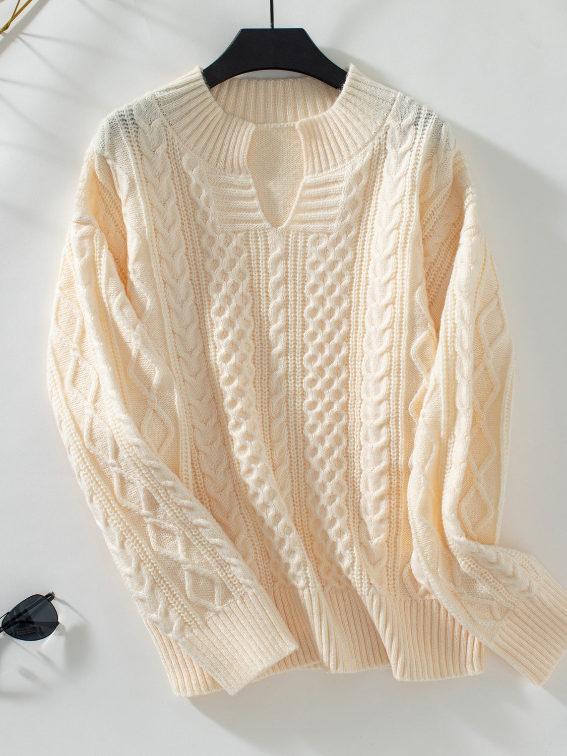 Cable-Knit Notched Long Sleeve Sweater Tan